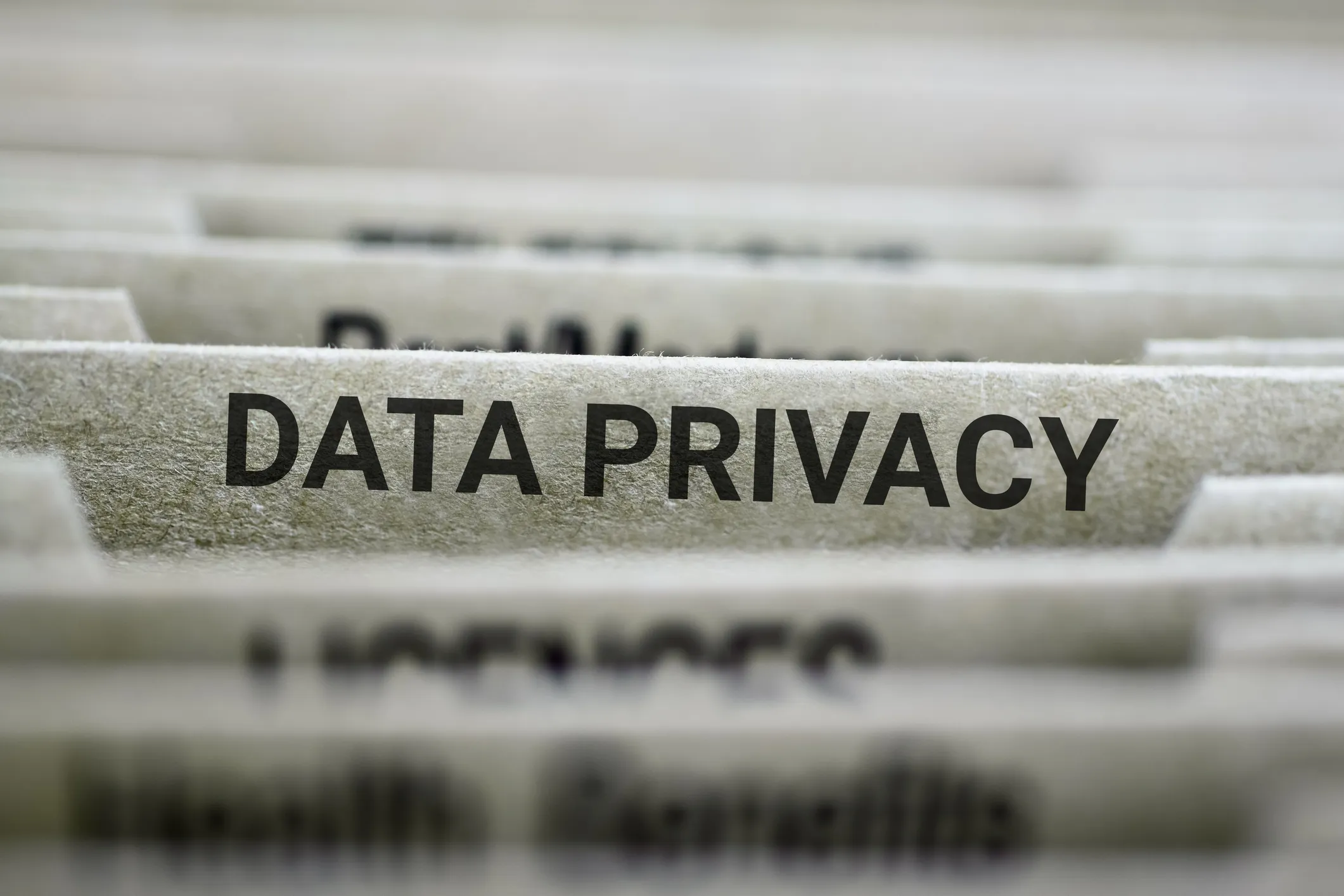 A close‑up of a filing system tab labelled “DATA PRIVACY,” with other blurred file labels behind it.
