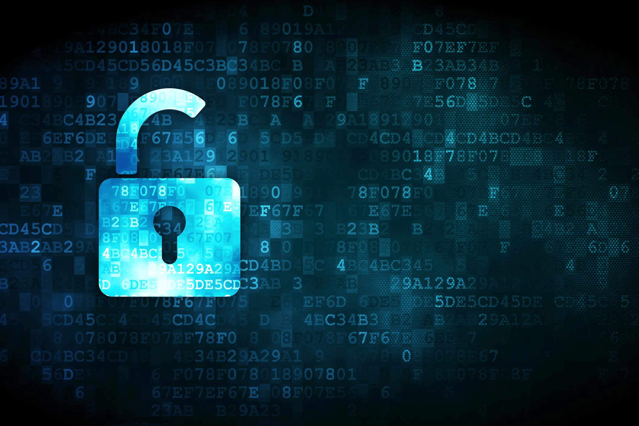 Unlocked padlock icon over digital code background depicting data protection