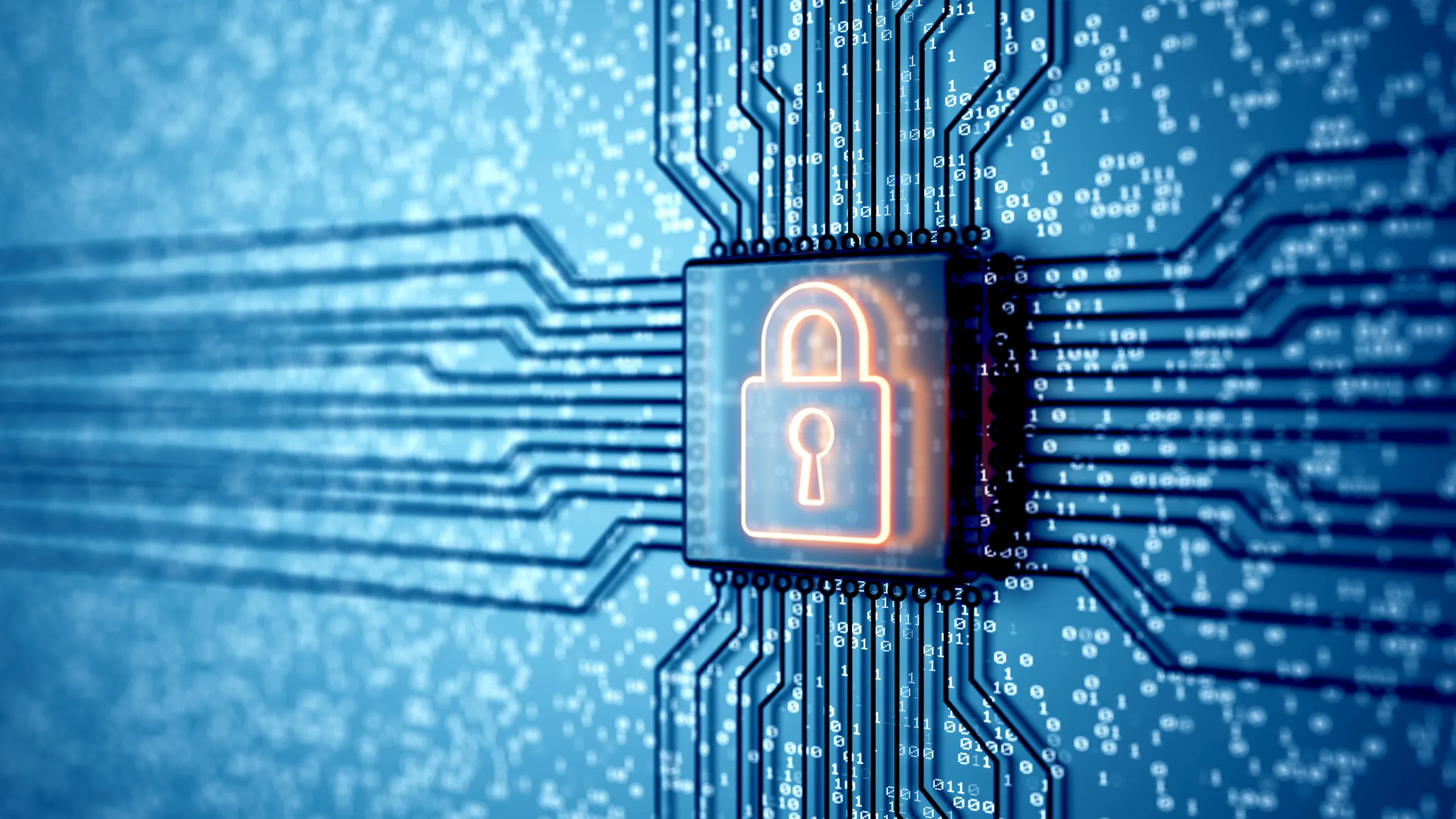 A glowing lock icon displayed at the center of a digital circuit‑board pattern, representing data security.