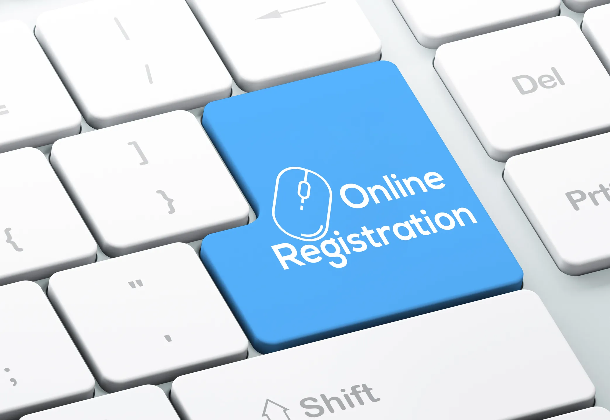 Blue keyboard key labelled "Online Registration" with mouse icon