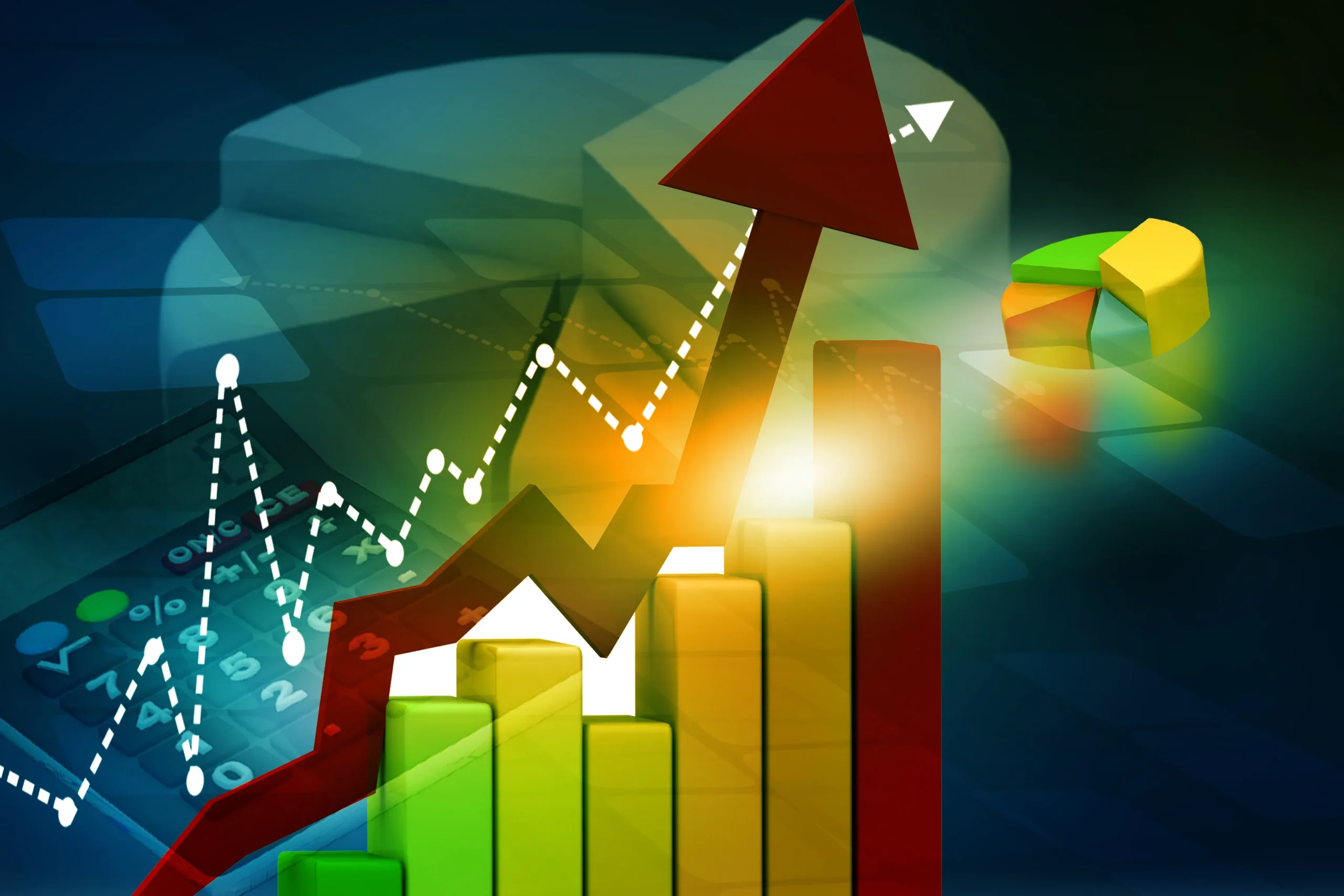 Colorful bar and line graphs with an upward arrow symbolising corporate reports and stats